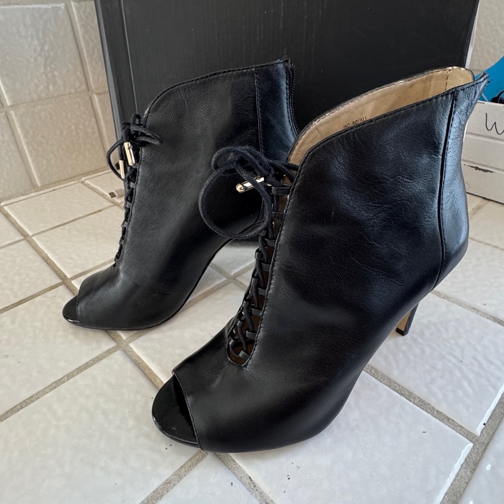 INC International Concepts Black Lace-Up Peep-Toe Stiletto Ankle Booties - Picture 5 of 7